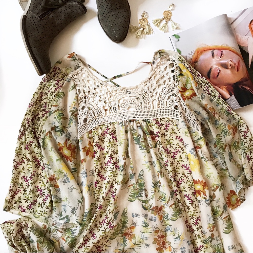 Free People | Boho Floral Crochet Peasant Dress